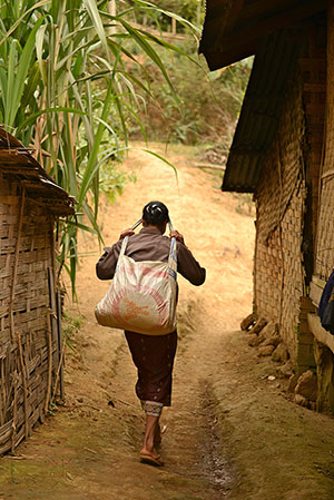Pa walks two hours every day to feed her pigs and check their health.