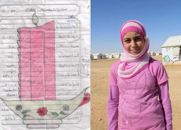 11-year-old Amira is a Syrian refugee. She has drawn a picture of a candle: "Syria is like a lit candle that will never turn off".