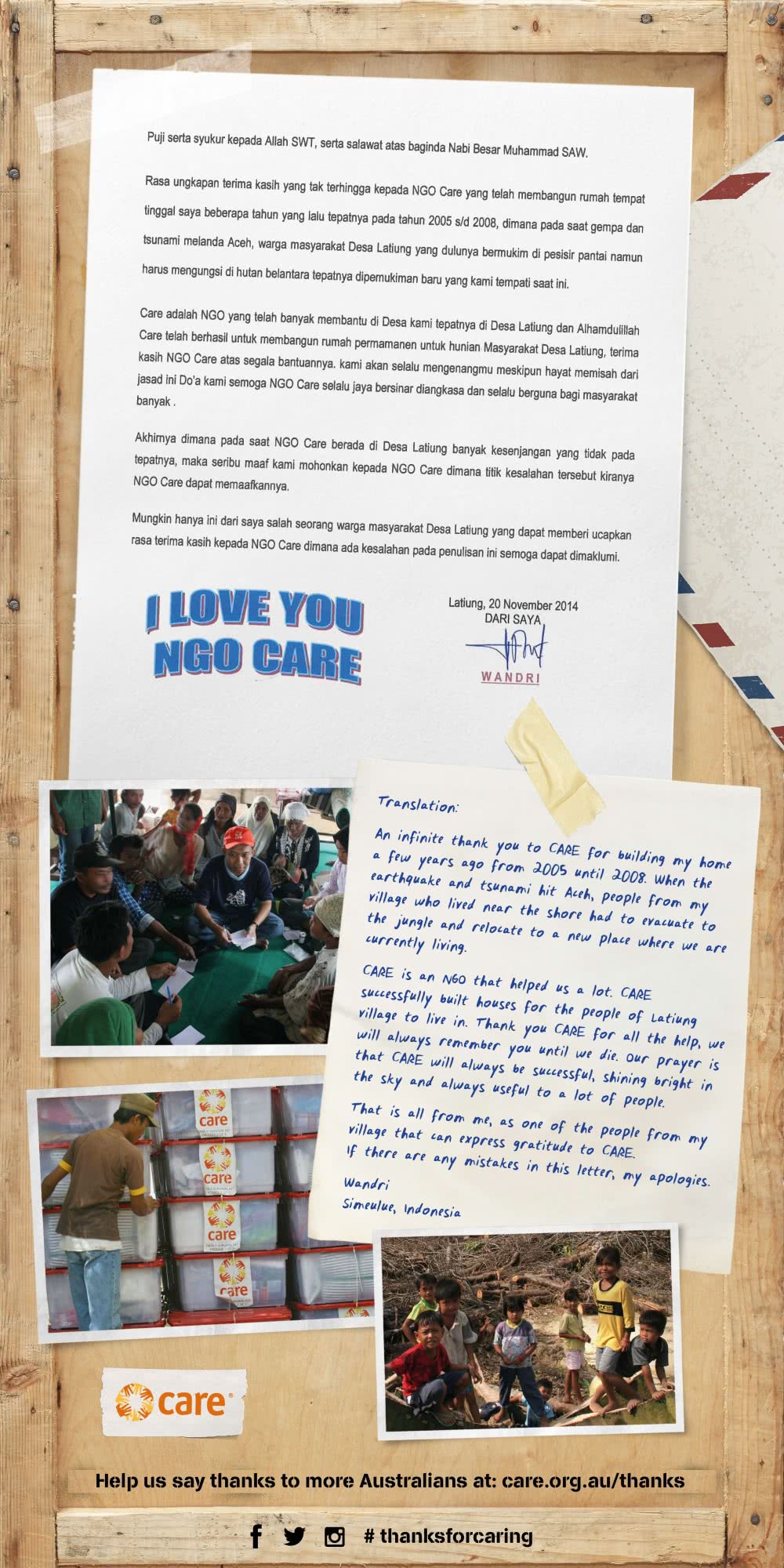 Thank you letter from Wandri, Indonesia