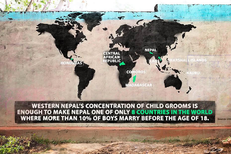 Artwork with text: Western Nepal’s concentration of child groom is enough to make Nepal one of only eight countries in the world where more than 10 per cent of boys marry before the age of 18.