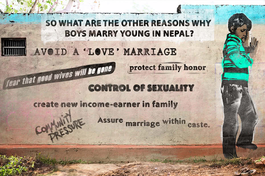 Art on wall with text: So what are the reasons why boys marry young in Nepal?