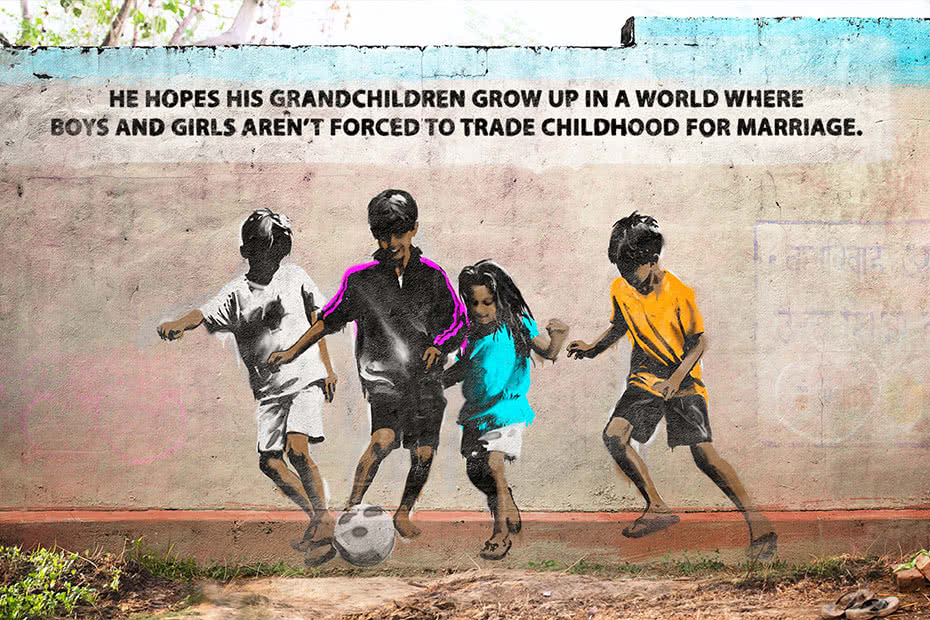 Art on wall of kids playing soccer with text: He hopes his grandchildren will grow up in a world where boys and girls aren't forced to trade childhood for marriage.