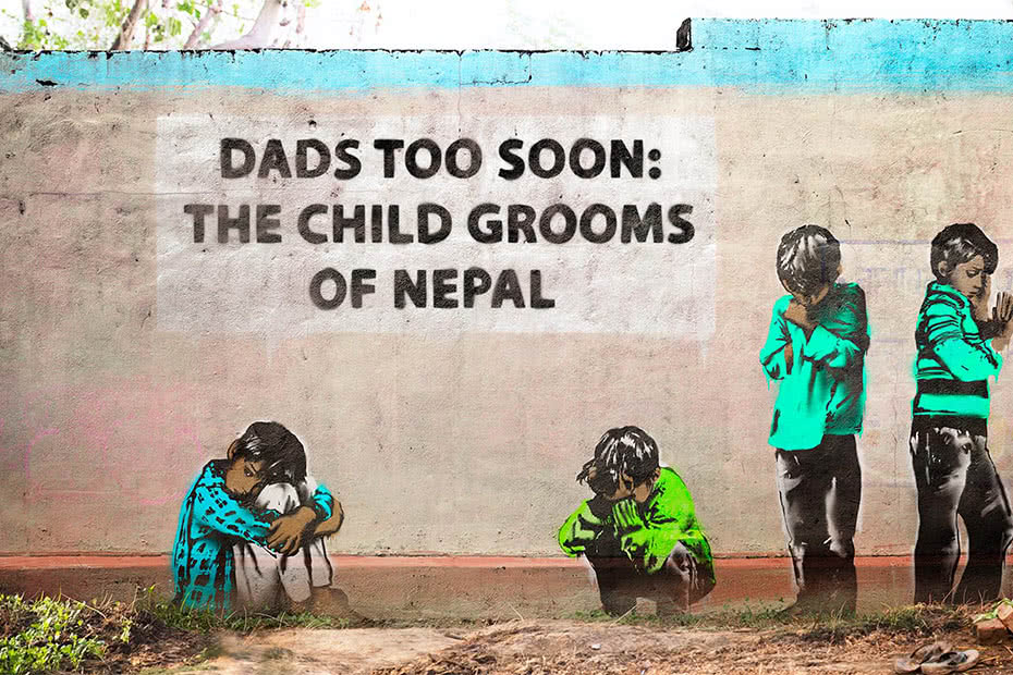 Artwork on wall picturing boys with text "Dads too soon: The child grooms of Nepal"