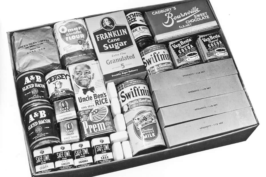 A photo of a typical CARE package sent back in the 1950s.