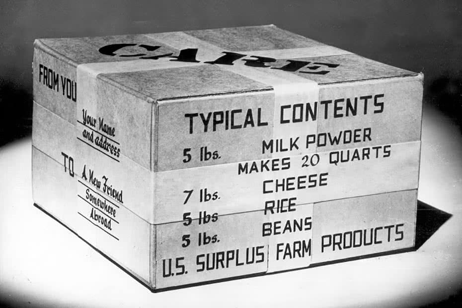 A photo of a typical CARE package sent back in the 1950s.