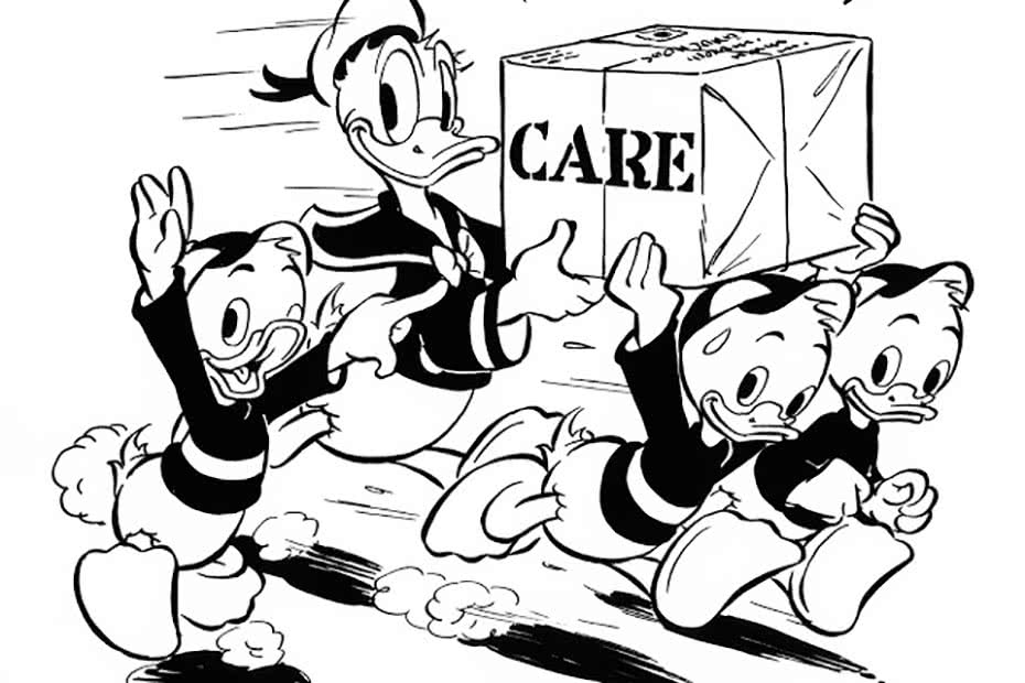 Retro Walt Disney images of Donald Duck carrying CARE packages.