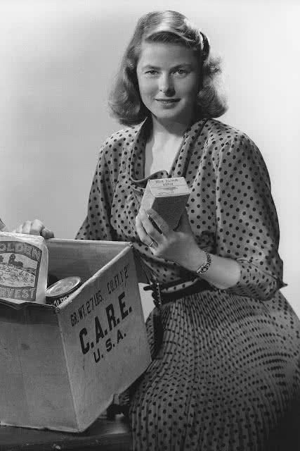 Historical photo of actress Ingrid Bergman championing CARE packages.