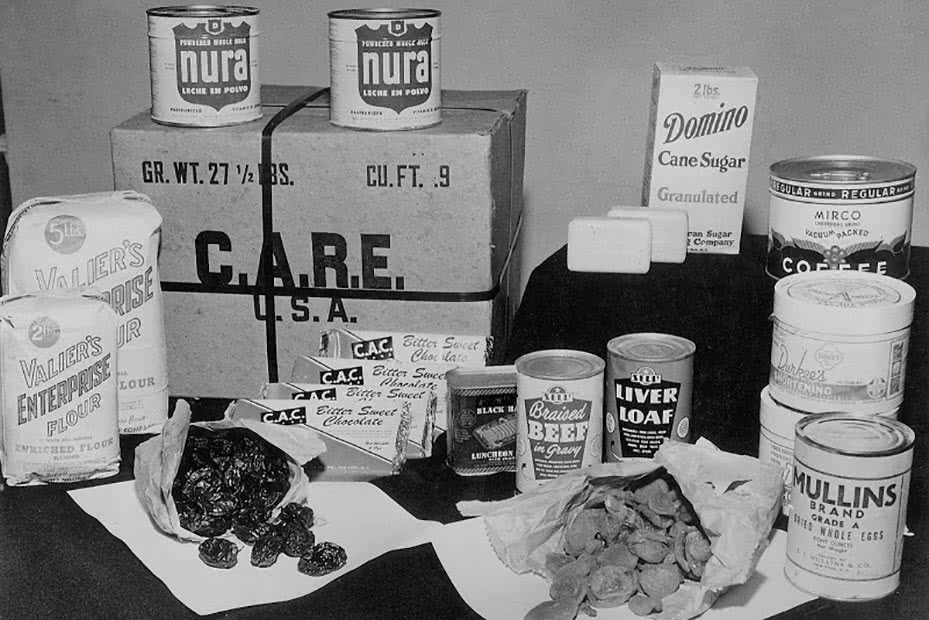 An original CARE package featuring food supplies for impoverished families.