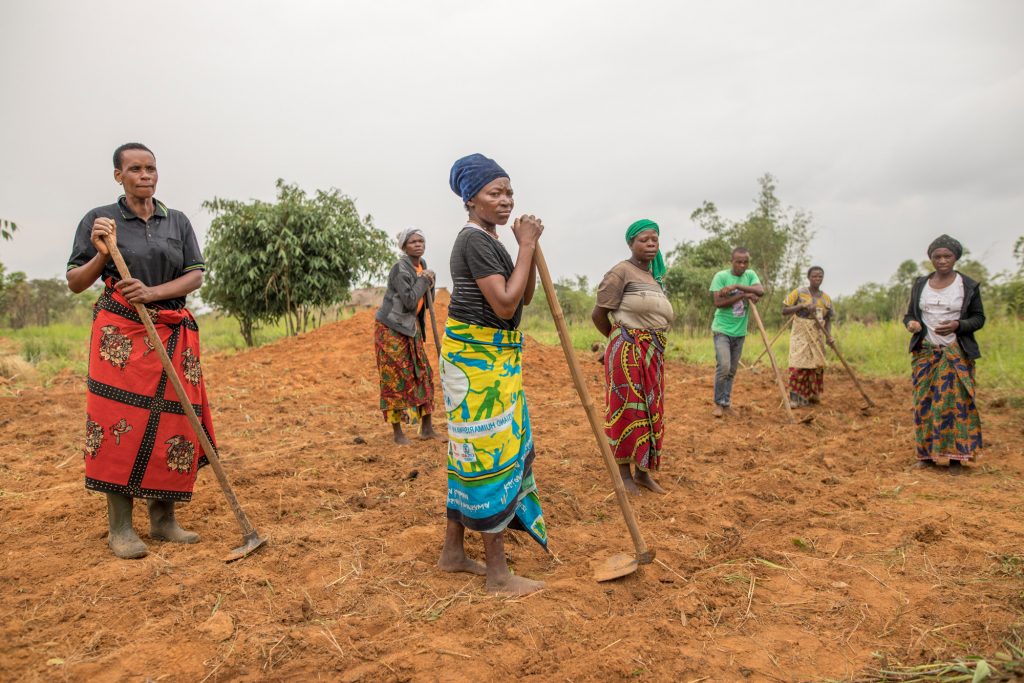 Female farmers in field preparing the ground to plant soy seeds